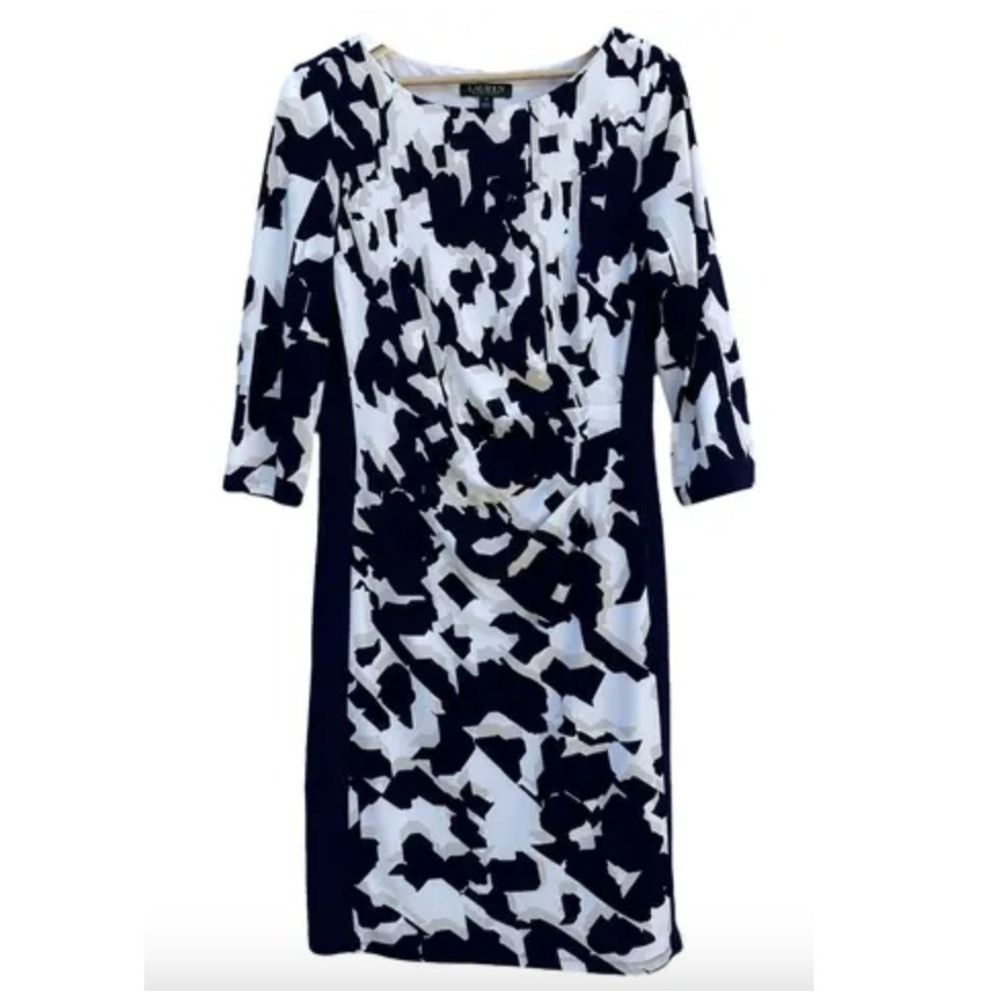 Lauren Ralph Lauren Navy Blue Abstract Ruched Sheath Dress Size 12 3/4 Sleeve